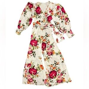Karen T Design JUMPSUIT Floral Boho Cottagecore Balloon Sleeves Wide Leg XL